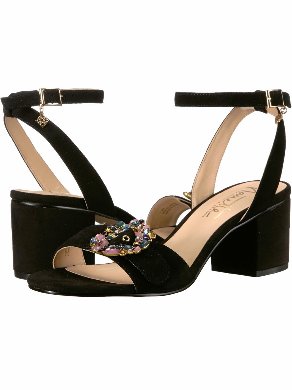 Nanette Lepore Rae Black Ankle-Strap Block Heel Sandals Multicolor Gem Accent